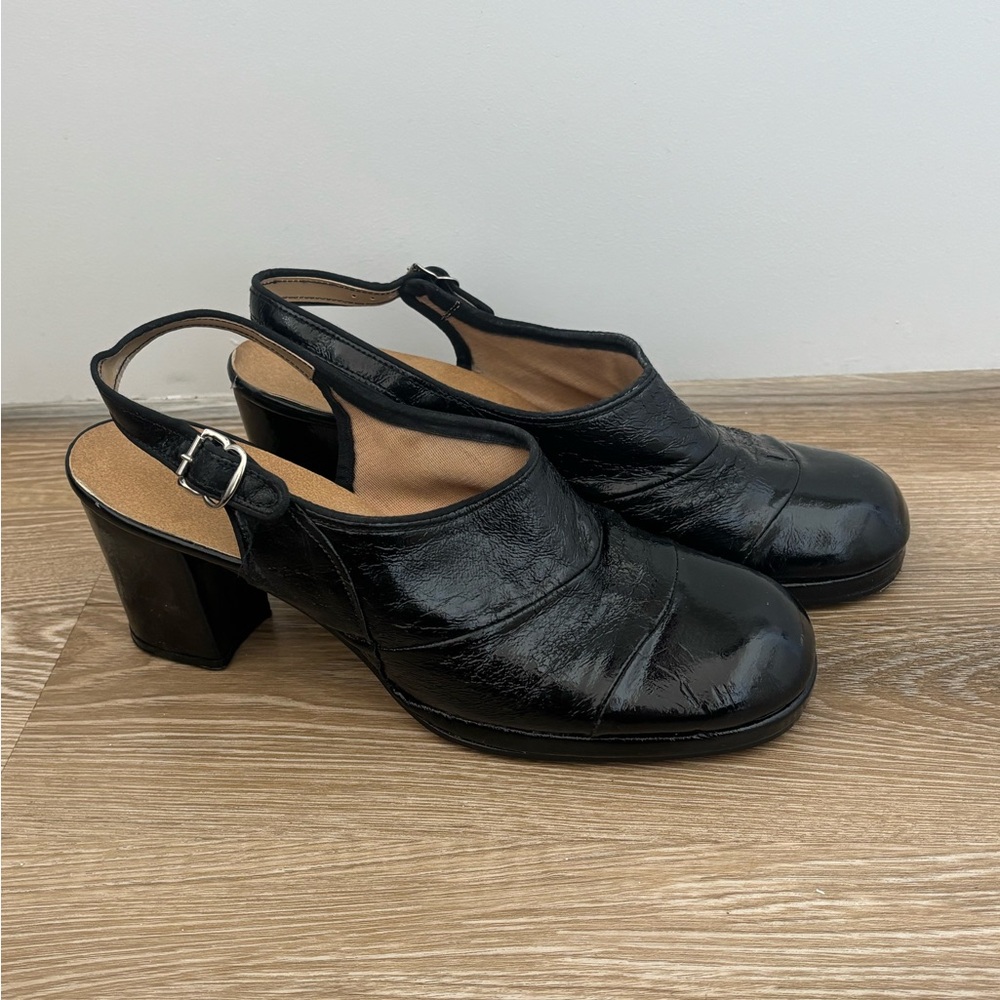 Vintage 60s 70s Platform Black Patent Leather Women's Slingback Strap Heels